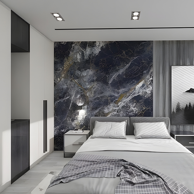 Fondo de dormitorio de hotel con piedra de tinta dorada, decoración de pared, película de transferencia PET